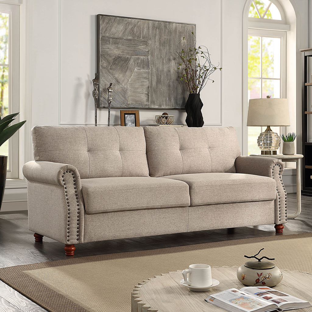 Beige Linen Fabric Upholstery Storage Sofa with Tufted Cushions V26763