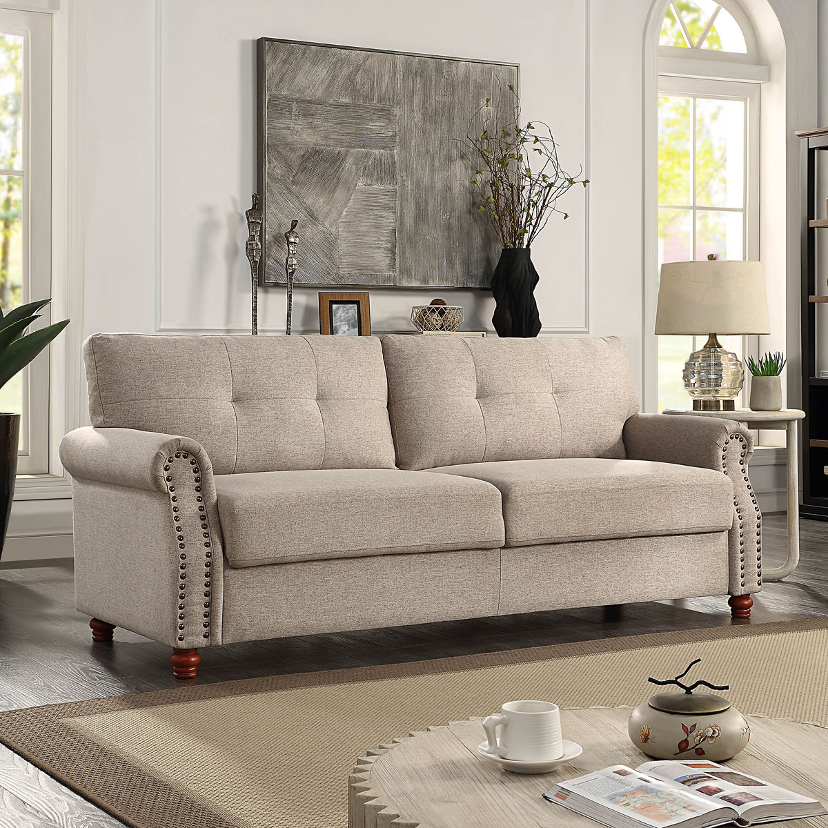 Beige Linen Fabric Upholstery Storage Sofa with Tufted Cushions V26763