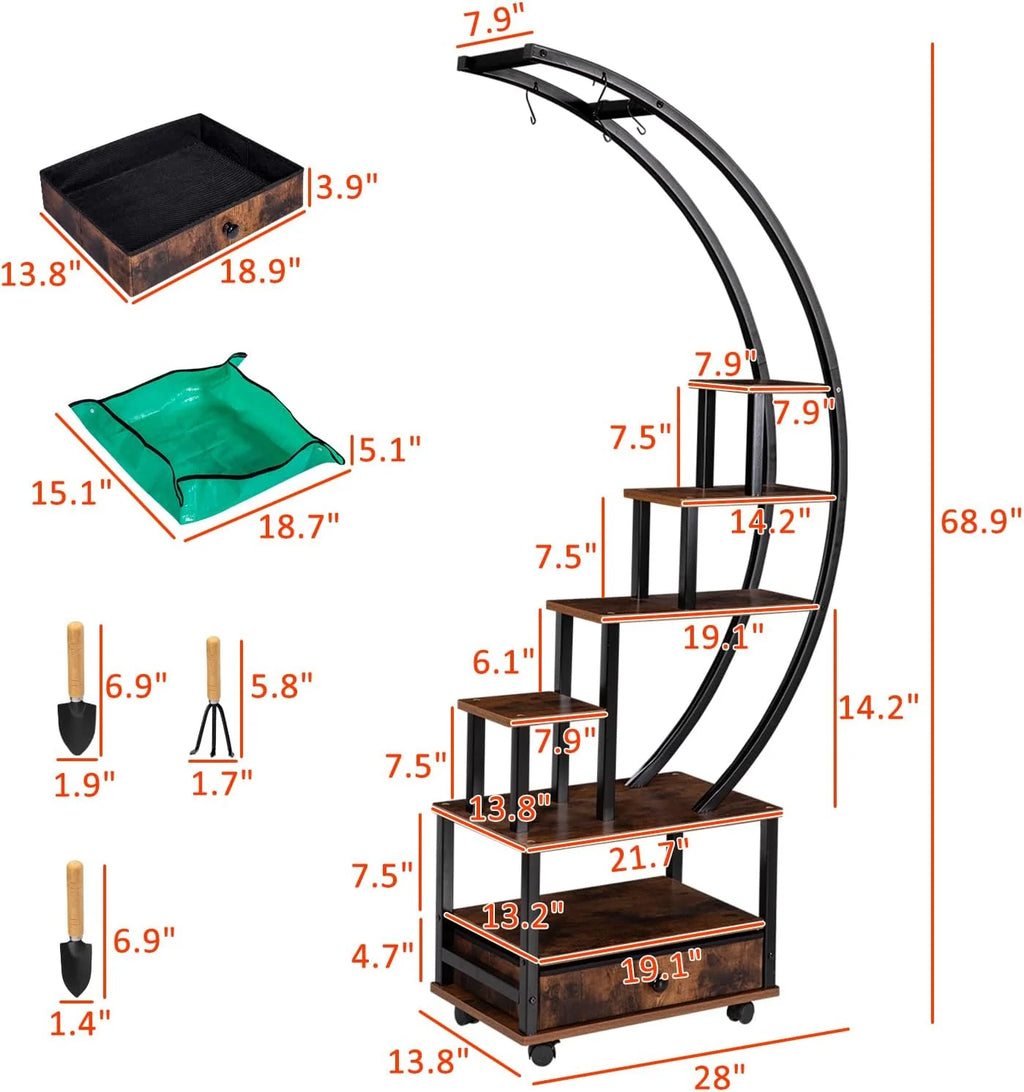 7-Tier Half Moon Plant Stand with Lockable Wheels, 71" Tall Plant Shelf with Drawer, 2 pieces M5252