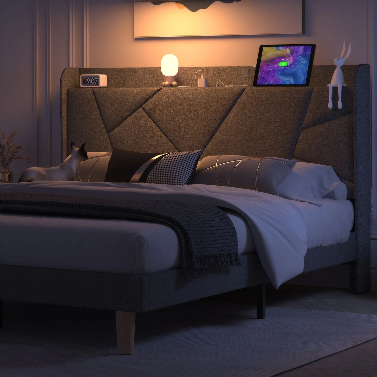 Queen Upholstered Platform Bed Frame with Wingback Storage Headboard M95821