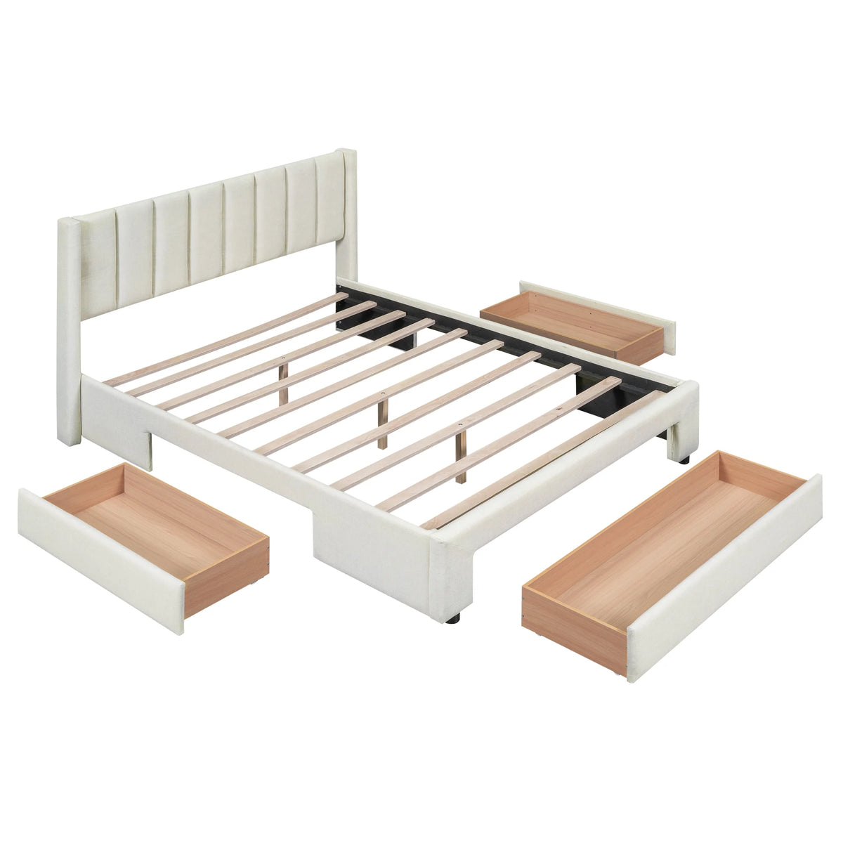 Beige Queen Size Upholstered Platform Bed with 3 Storage Drawers Z7393