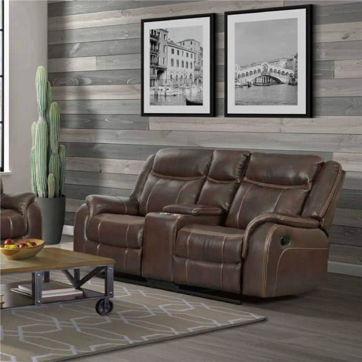 Brown Faux Leather Reclining Loveseat with Console I339565