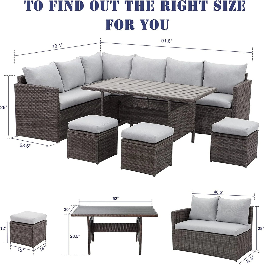 7 Piece Outdoor Dining Sectional Sofa with Dining Table and Chair E39398