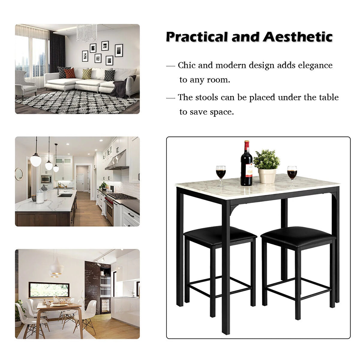 3 Piece Counter Height Dining Set Faux Marble Table and 2 Chairs M175997
