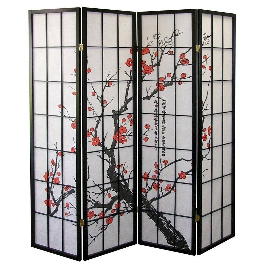 Black 4 Panel Plum Blossom Room Divider G659