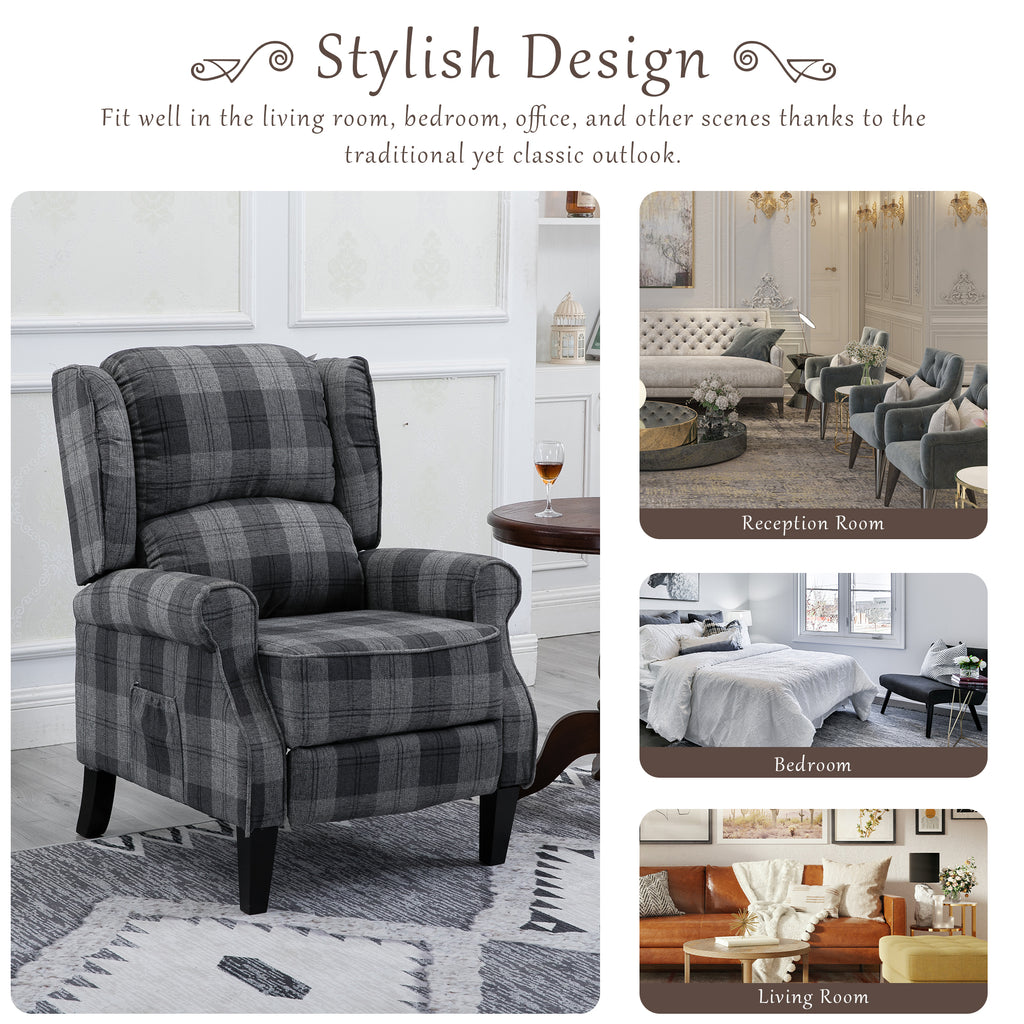 Gray Check Upholstered Recliner Chair with Adjustable Footrest and Side Pocket M910