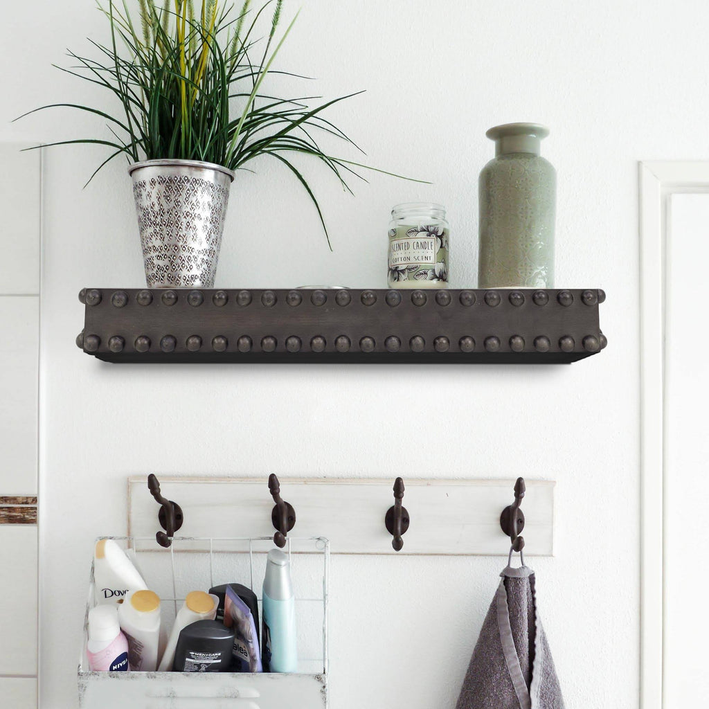 Black Rustic Beaded Wood Floating Wall Shelf C8759