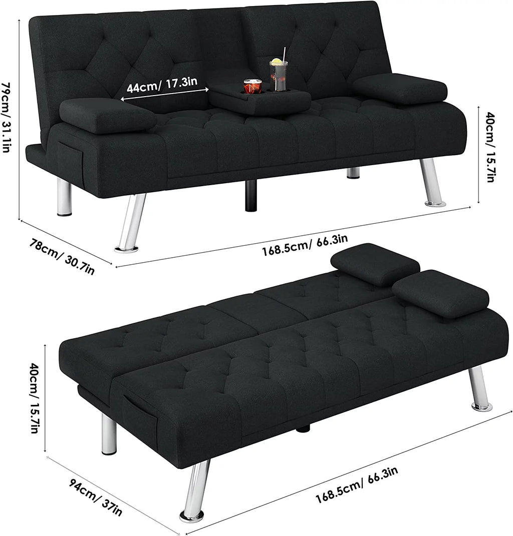 Black Convertible Upholstered Sofa Bed with Cupholders I25048
