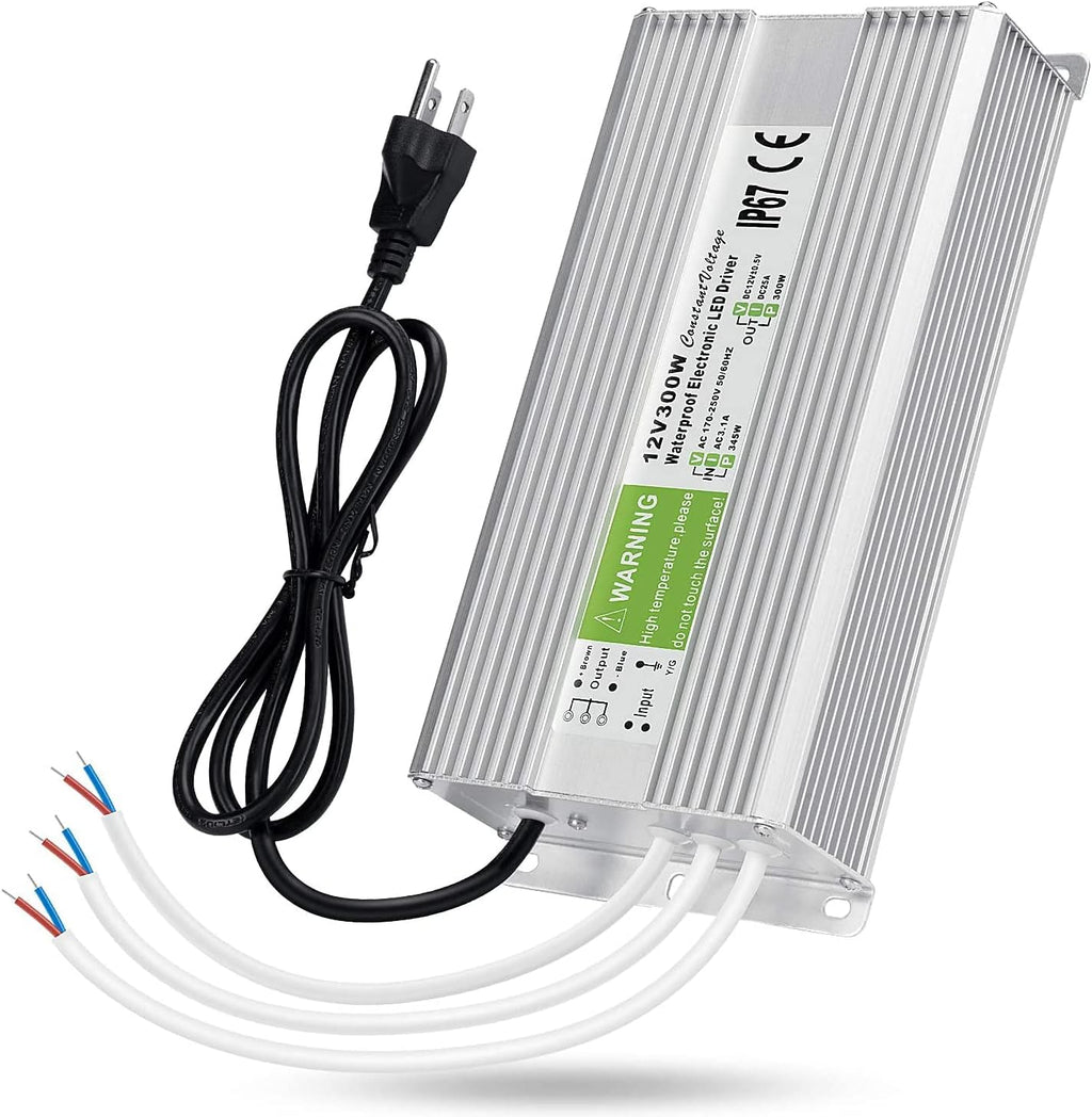 LEDMO IP67 Power Supply 300 Watts DC12V 25A AC/DC Driver Transformer Adapter Low Voltage Output with 3-Prong Plug 3.3 Feet Cable Pack of 2 P66305