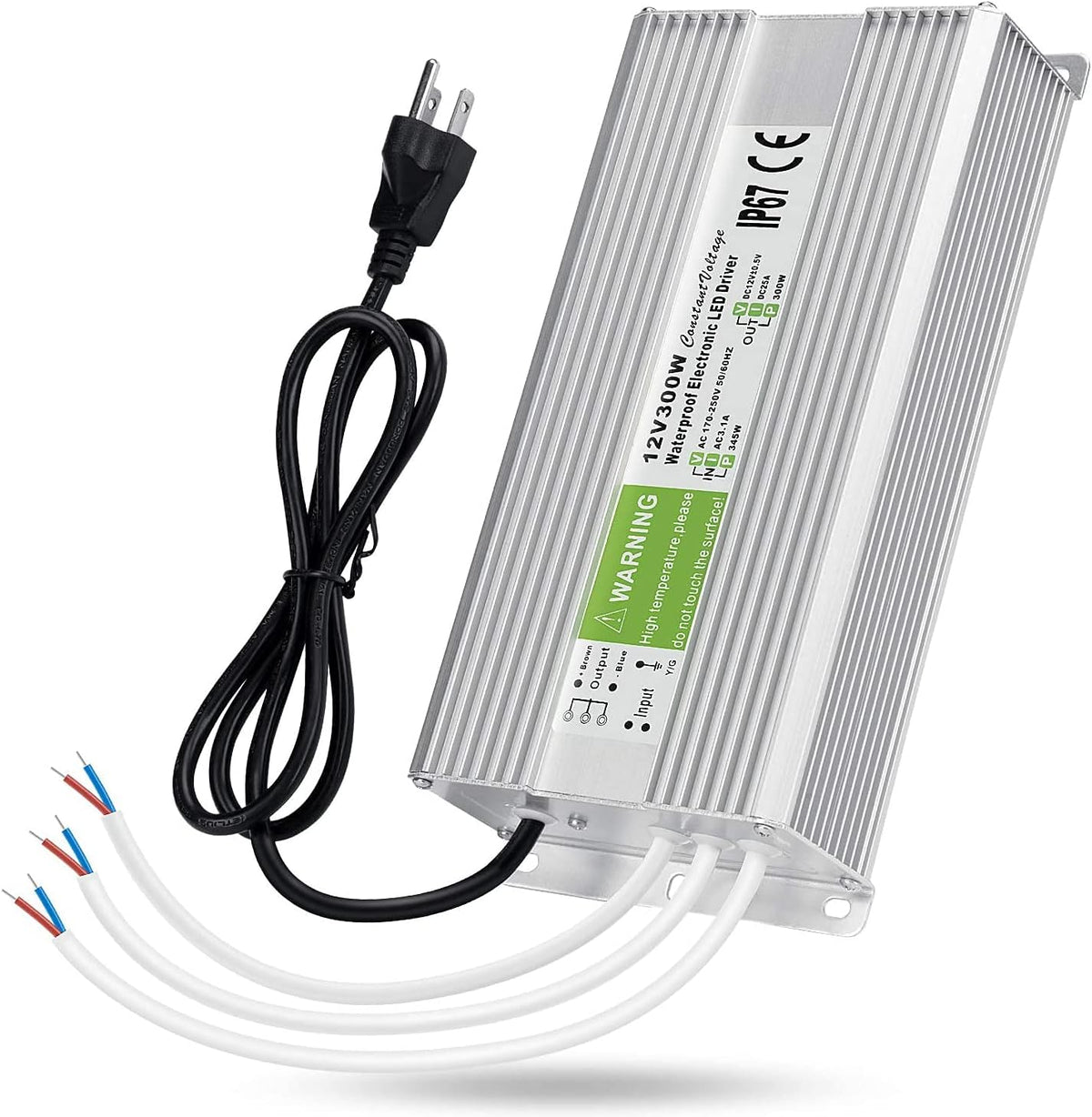 LEDMO IP67 Power Supply 300 Watts DC12V 25A AC/DC Driver Transformer Adapter Low Voltage Output with 3-Prong Plug 3.3 Feet Cable Pack of 2 P66305