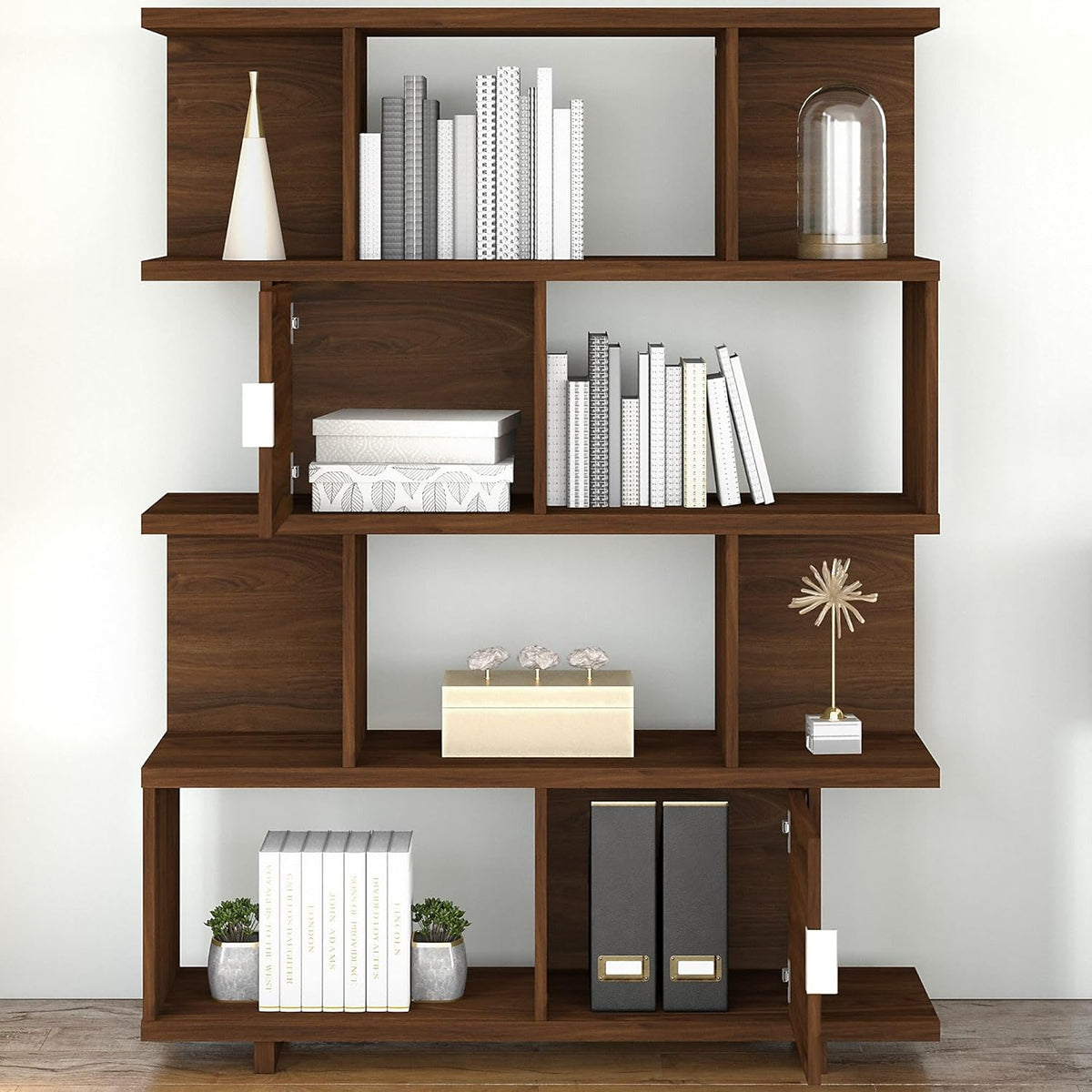 Modern Walnut Etagere Bookcase with Doors D218