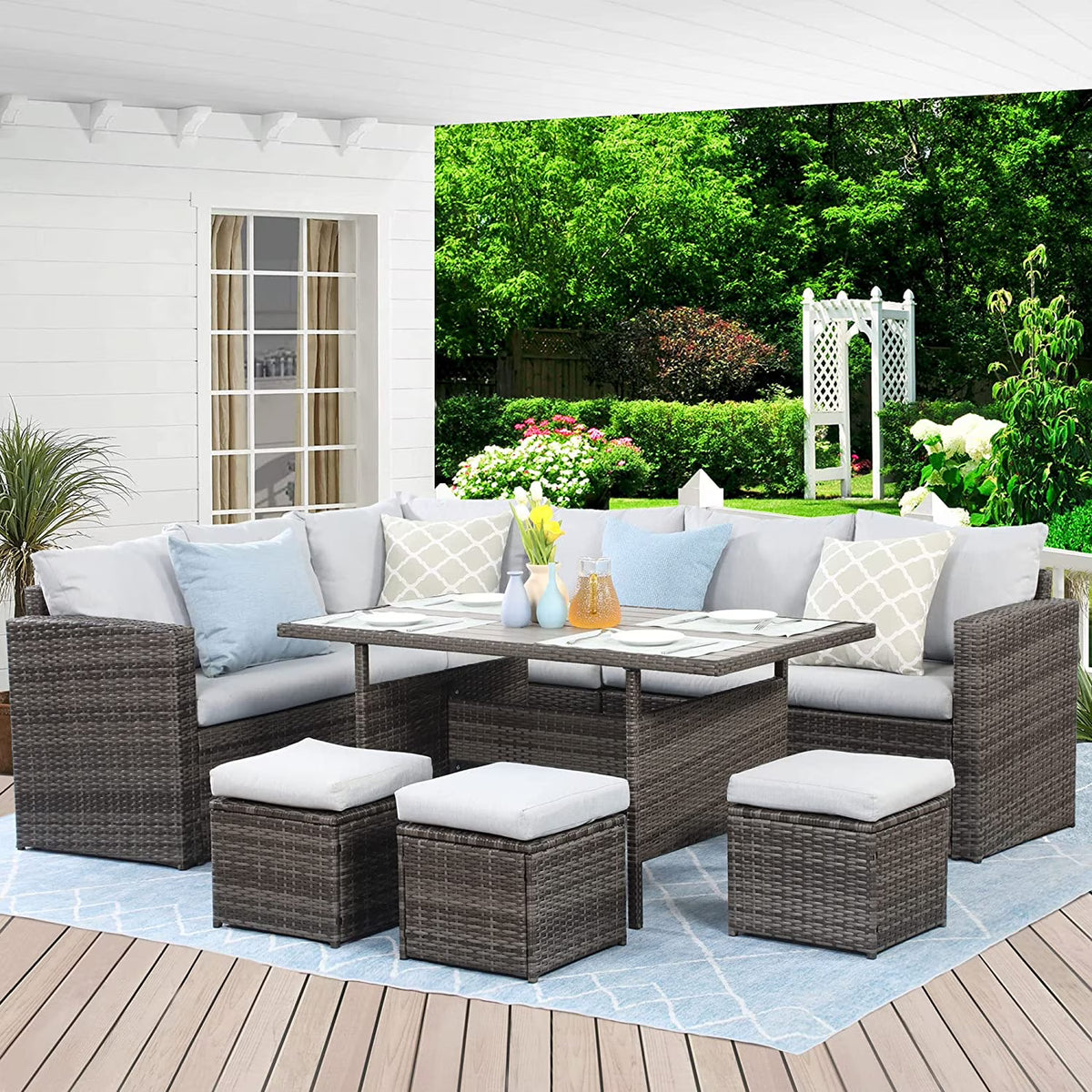 7 Piece Outdoor Dining Sectional Sofa with Dining Table and Chair E39398
