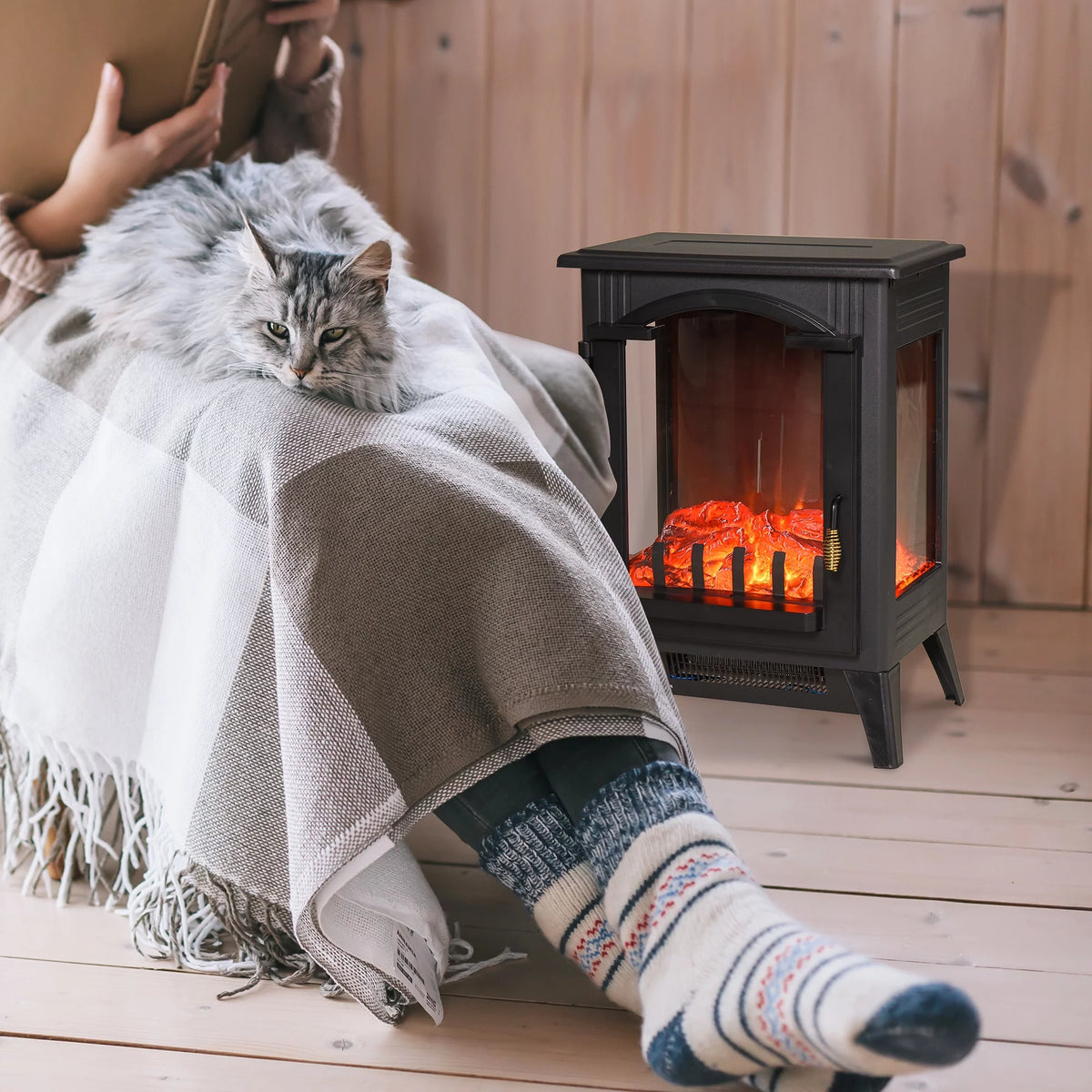 23" Electric Fireplace Heater with LED Flames and Logs, 750W/1500W, Black C6867