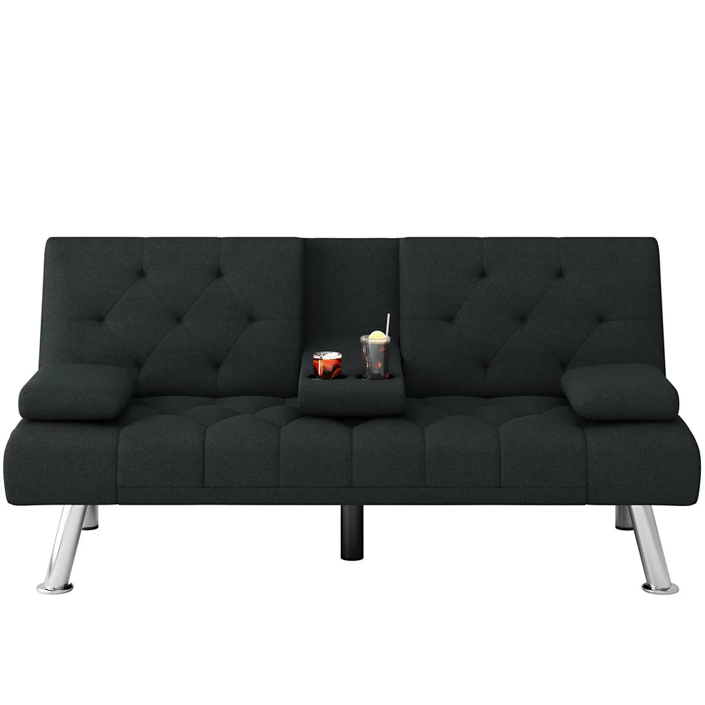 Black Convertible Upholstered Sofa Bed with Cupholders I25048