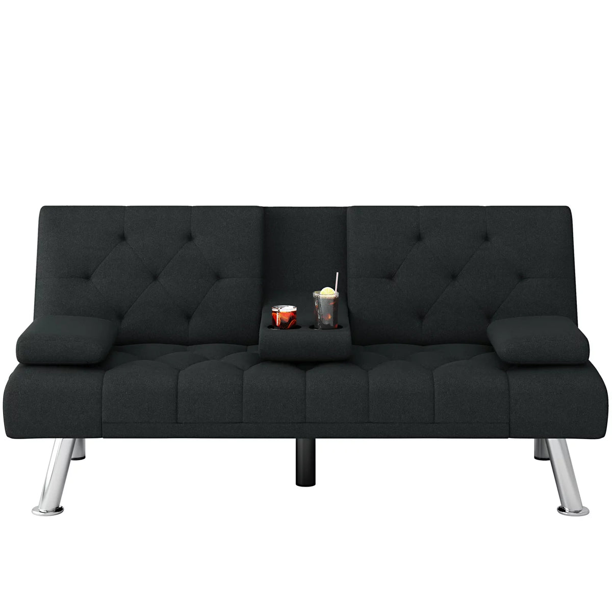 Black Convertible Upholstered Sofa Bed with Cupholders I25048
