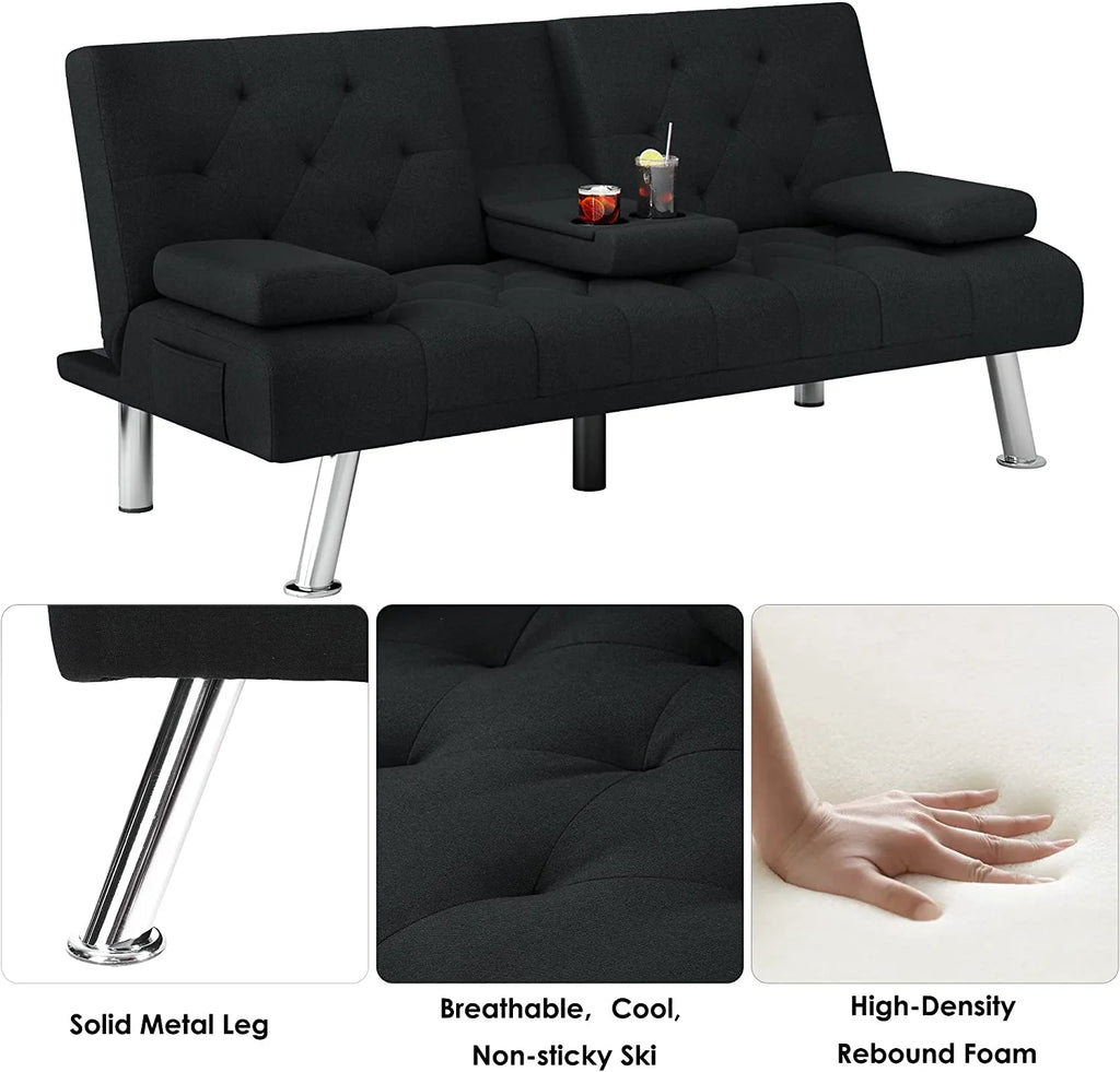 Black Convertible Upholstered Sofa Bed with Cupholders I25048