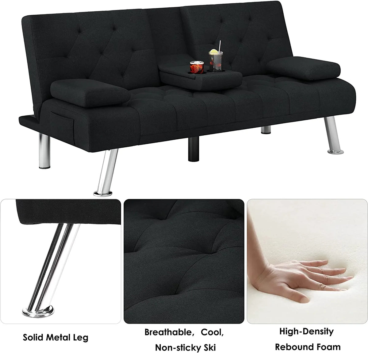 Black Convertible Upholstered Sofa Bed with Cupholders I25048