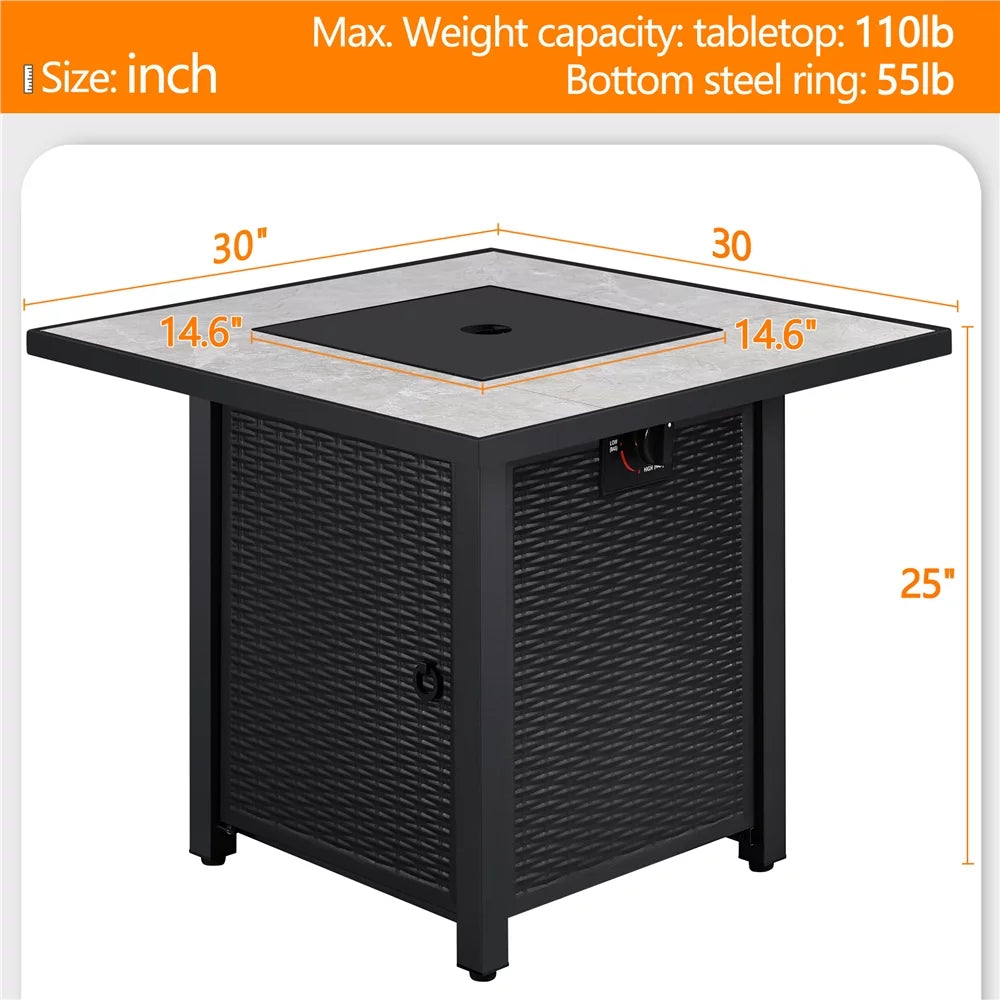30'' Square Propane Fire Pit Table 50,000 BTU with Ceramic Tabletop E700
