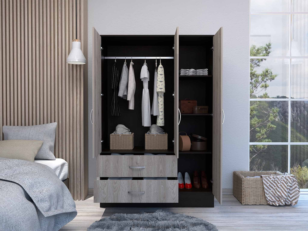 Light Oak Black Three Door Wardrobe Closet with Mirror T878172