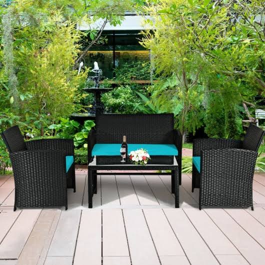 Turquoise Wicker Patio Sofa and Table Set F3727