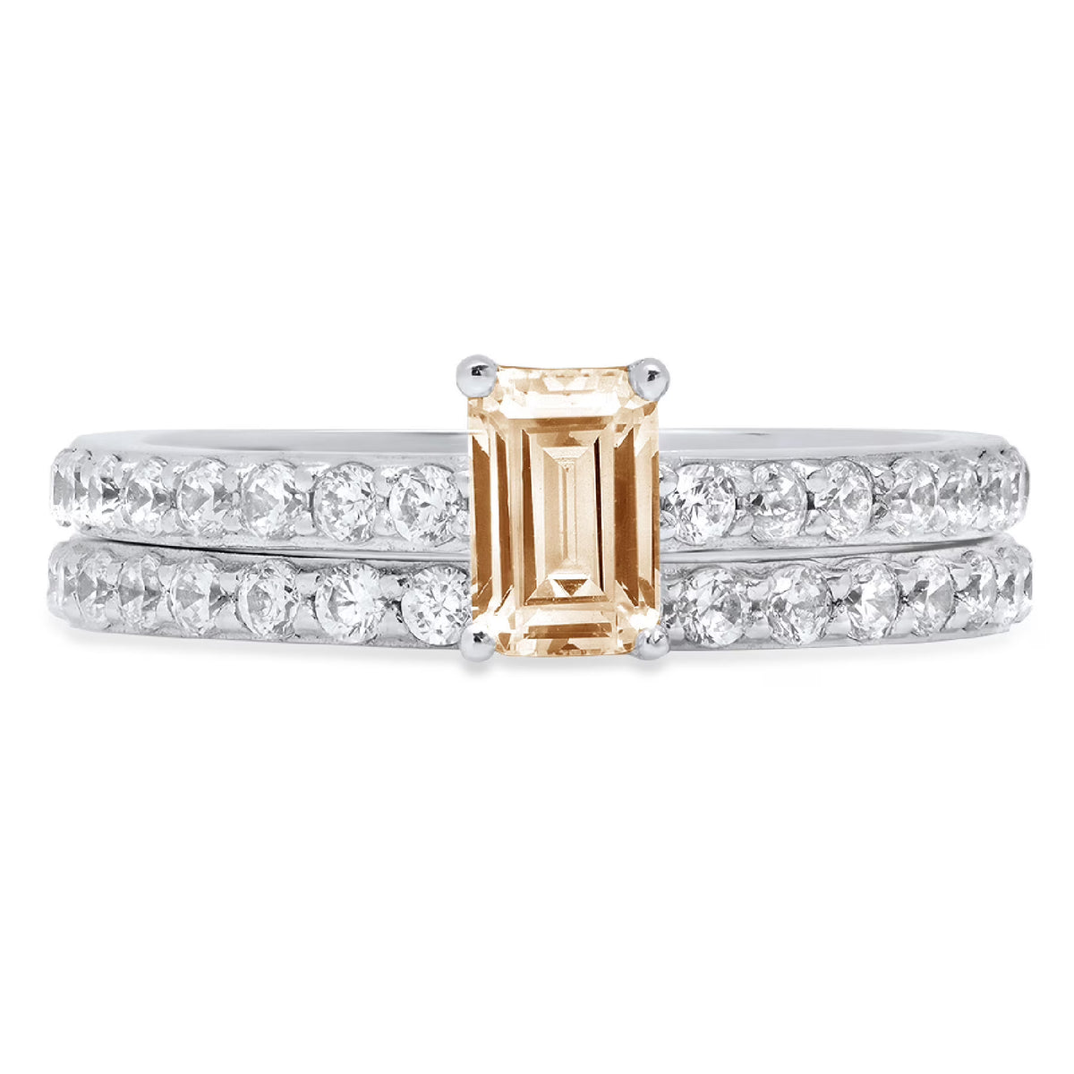 Emerald Cut Yellow Moissanite 18k White Gold Ring Band Set sz 3.5 W344