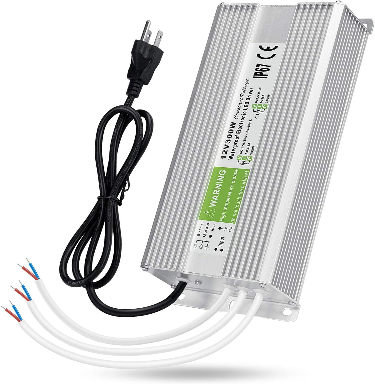 LEDMO IP67 Power Supply 300 Watts DC12V 25A AC/DC Driver Transformer Adapter Low Voltage Output with 3-Prong Plug 3.3 Feet Cable Pack of 2 P66305
