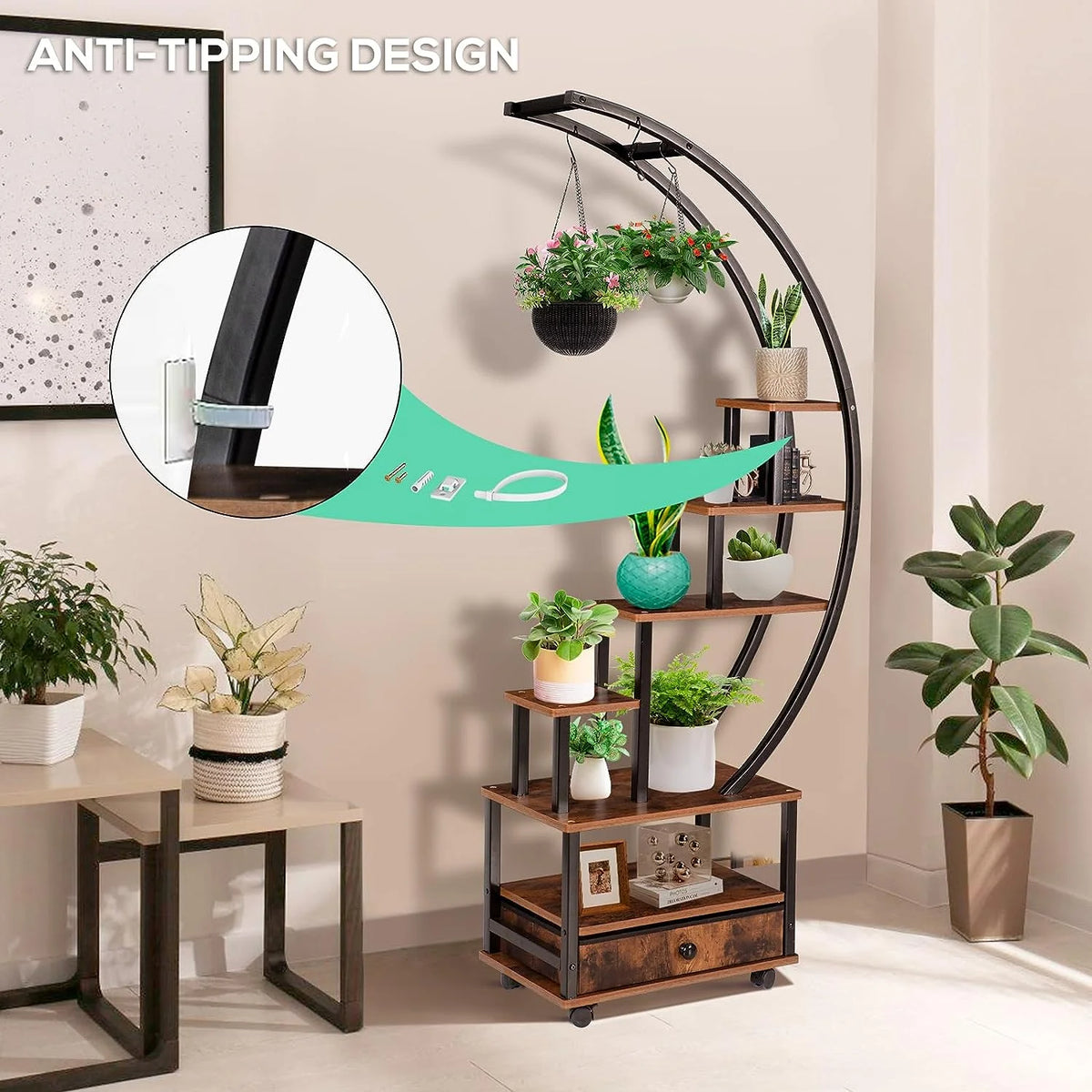 7-Tier Half Moon Plant Stand with Lockable Wheels, 71" Tall Plant Shelf with Drawer, 2 pieces M5252