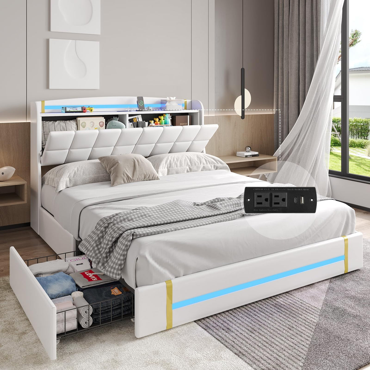 Queen Bed Frame with LED Lights and Charging Station, Upholstered Platform Bed Frame with Hidden Storage and 4 Drawers, Black C667