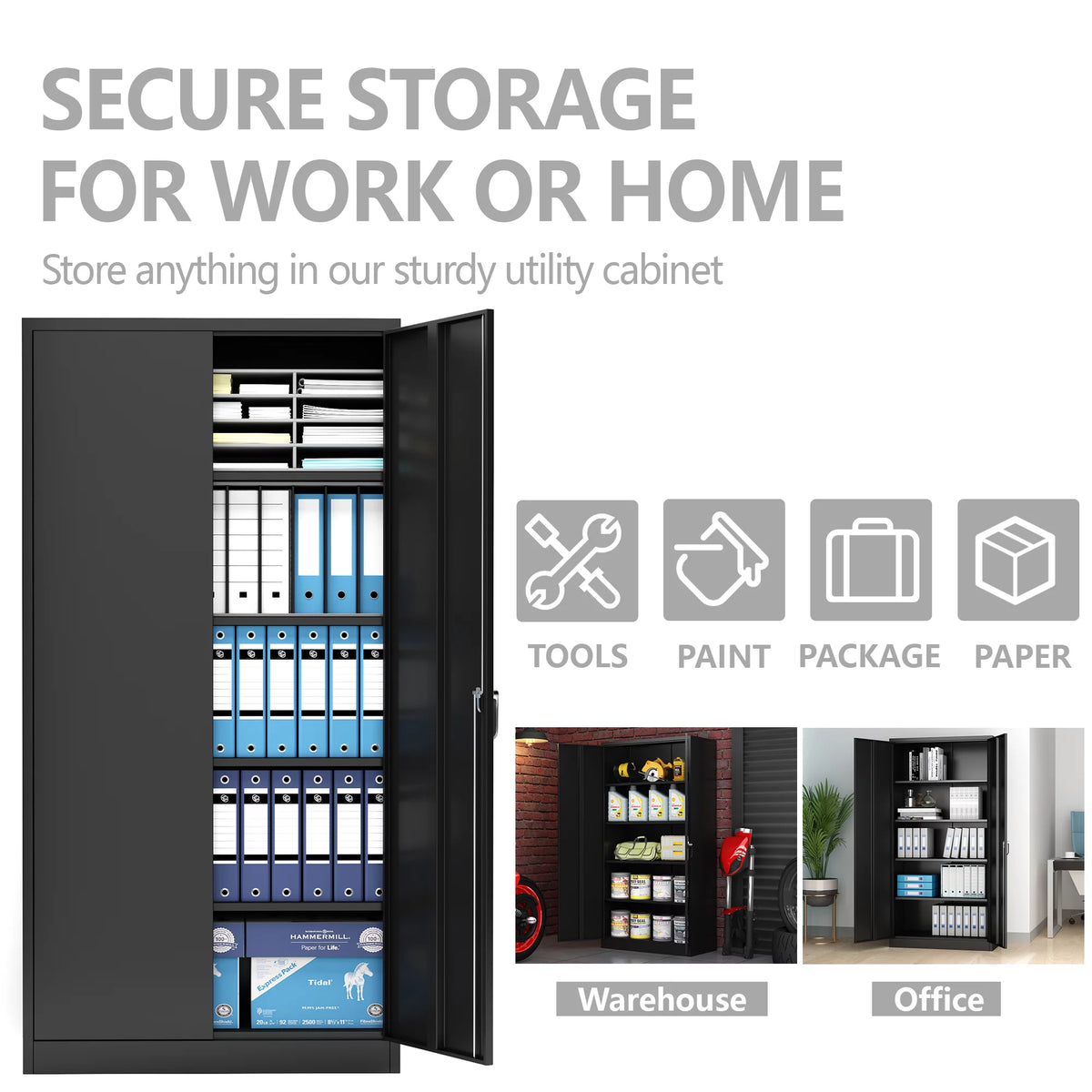 Black 72"H Lockable Steel Storage Cabinet with 4 Adjustable Shelves T208
