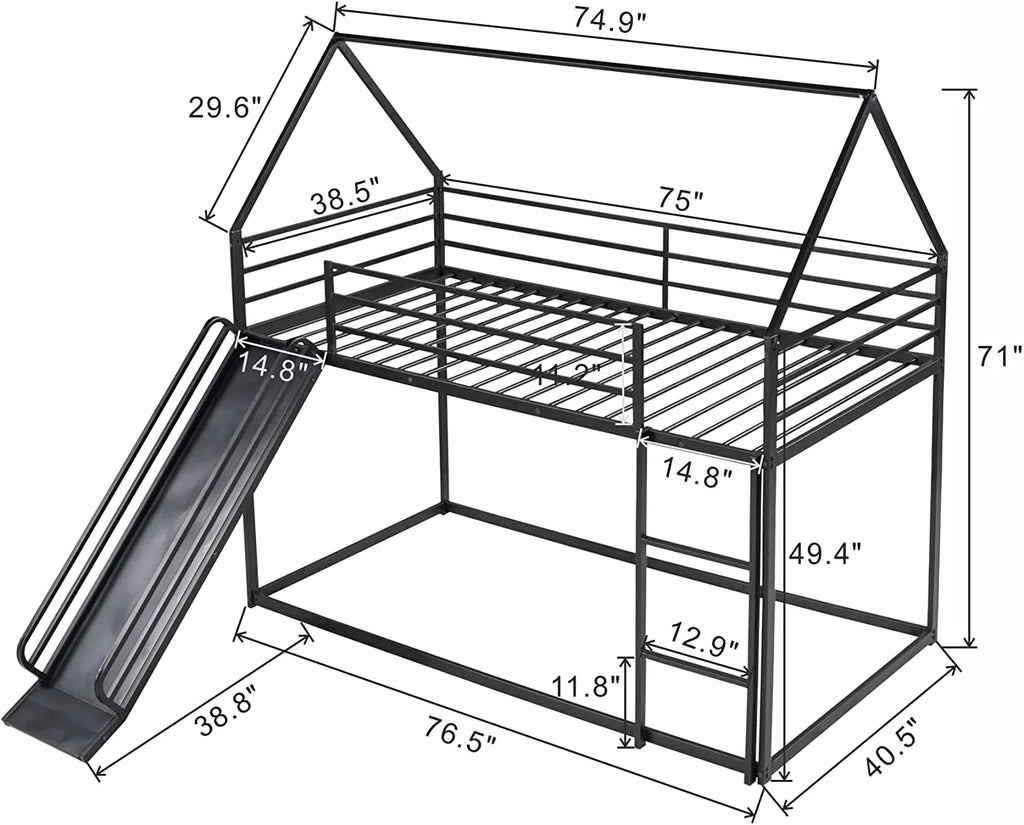 Black Metal Frame Kids Bunk Bed with Slide and Built-In Ladder G84210