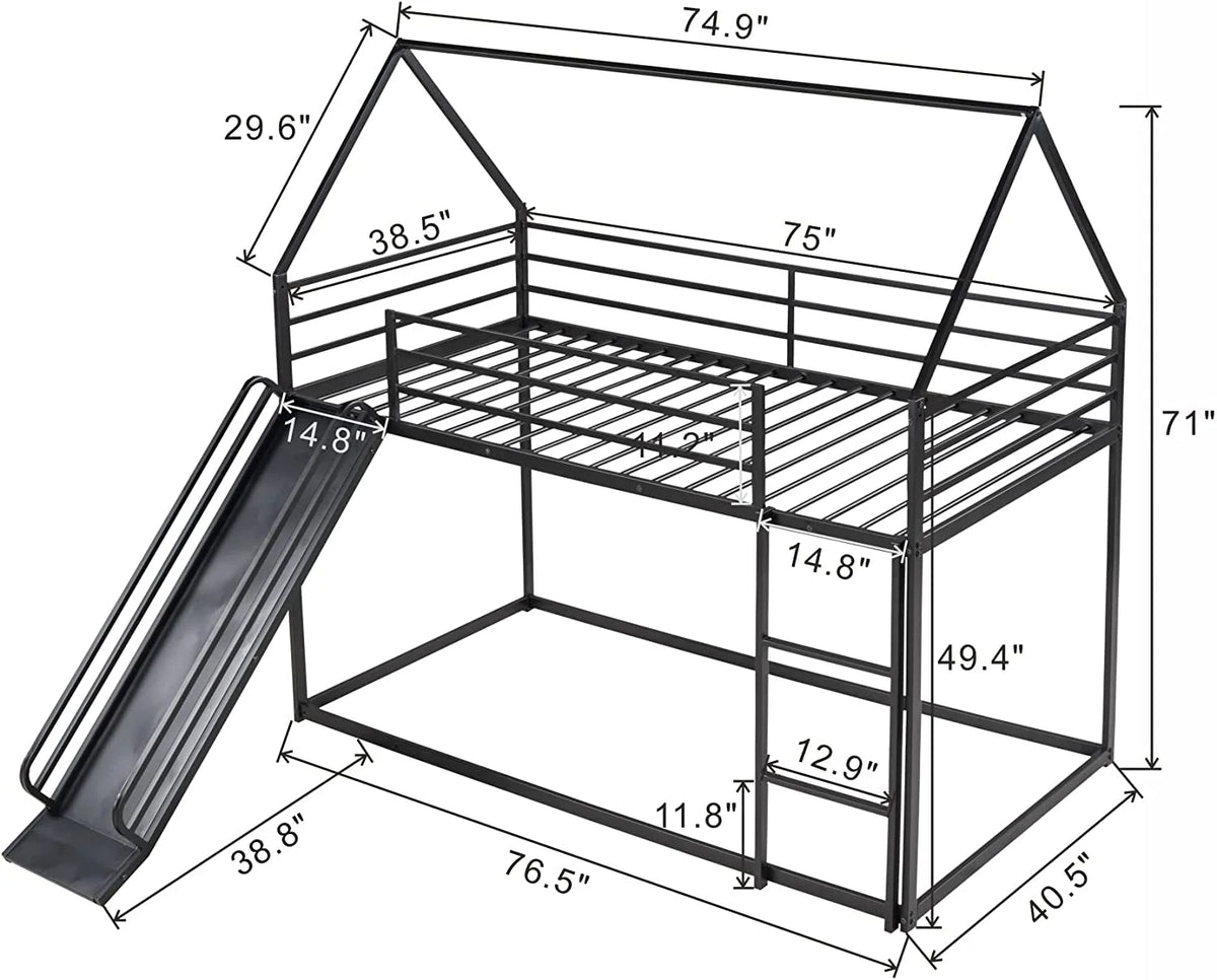 Black Metal Frame Kids Bunk Bed with Slide and Built-In Ladder G84210