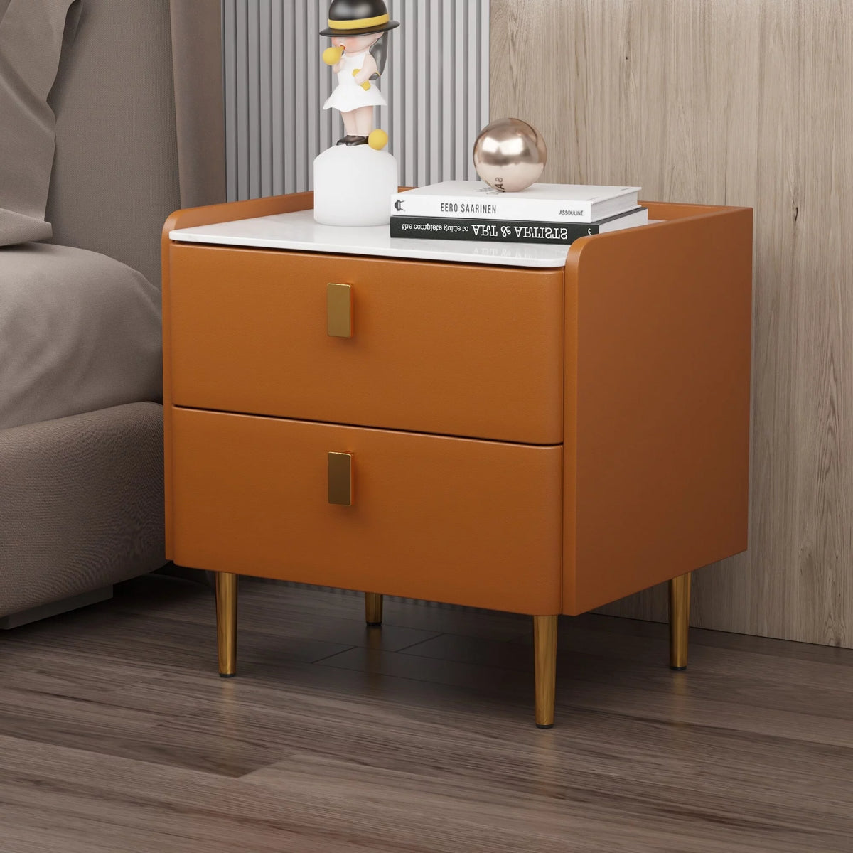 Beige Glossy 2-drawer Faux Leather Nightstand W522295