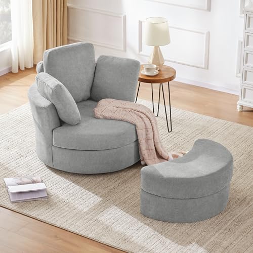 Beige Swivel Accent Barrel Chair with Ottoman X91432