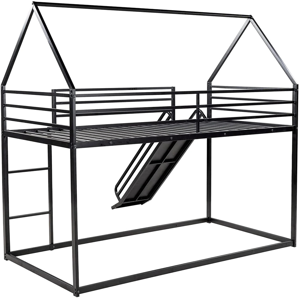 Black Metal Frame Kids Bunk Bed with Slide and Built-In Ladder G84210