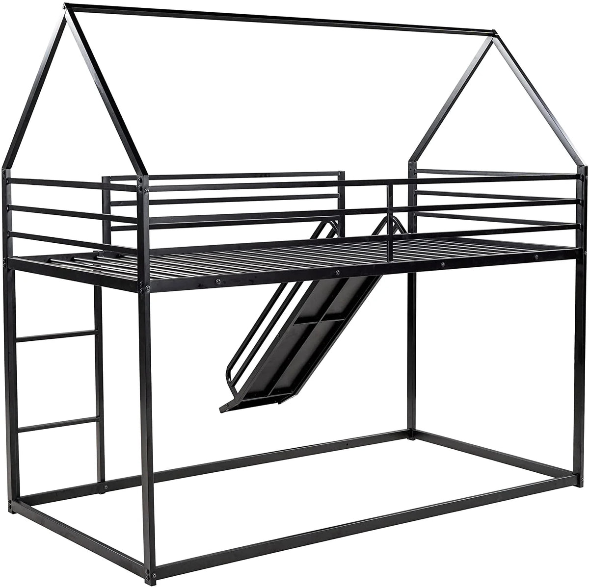 Black Metal Frame Kids Bunk Bed with Slide and Built-In Ladder G84210