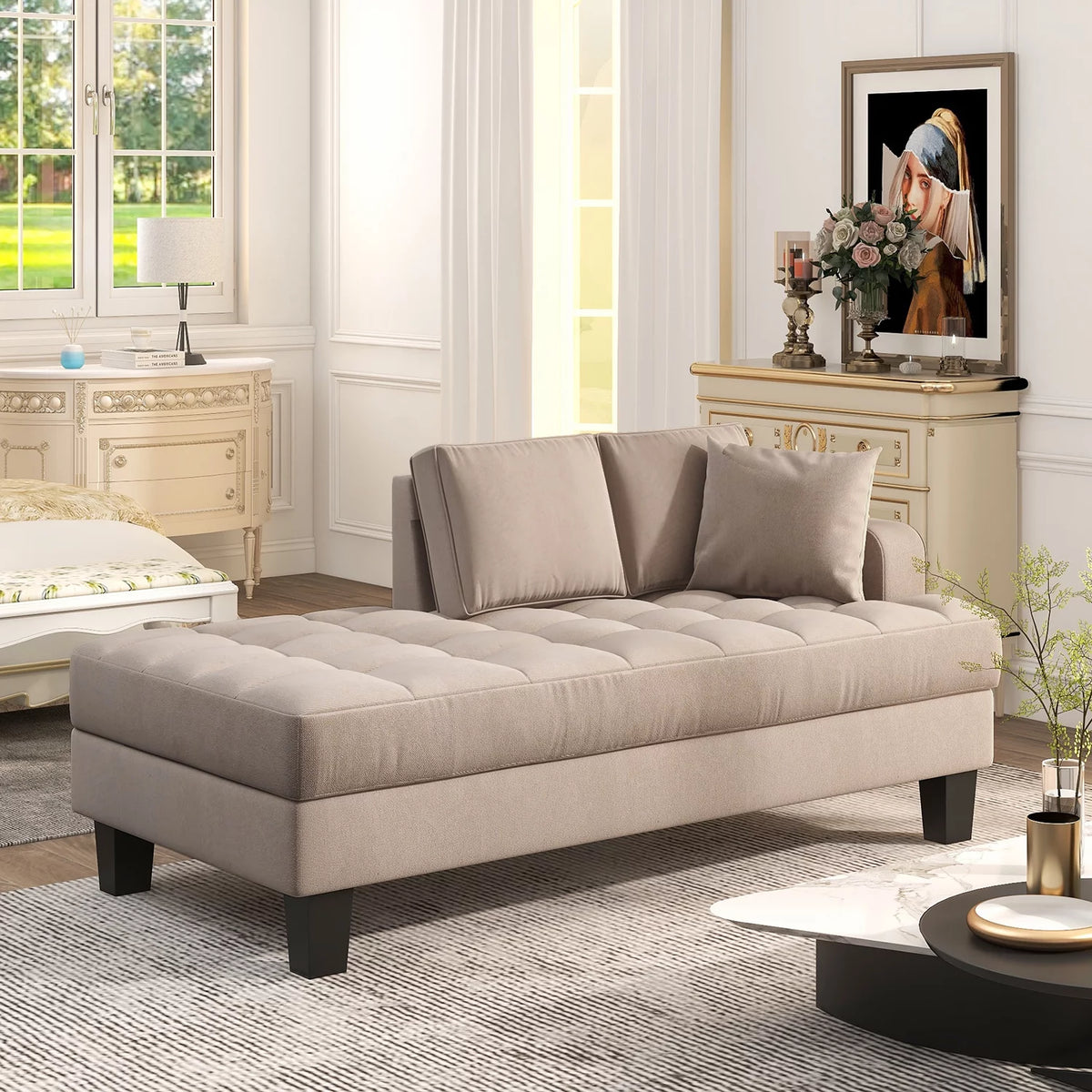 Warm Grey Tufted Chaise Lounge with Toss Pillow F465156