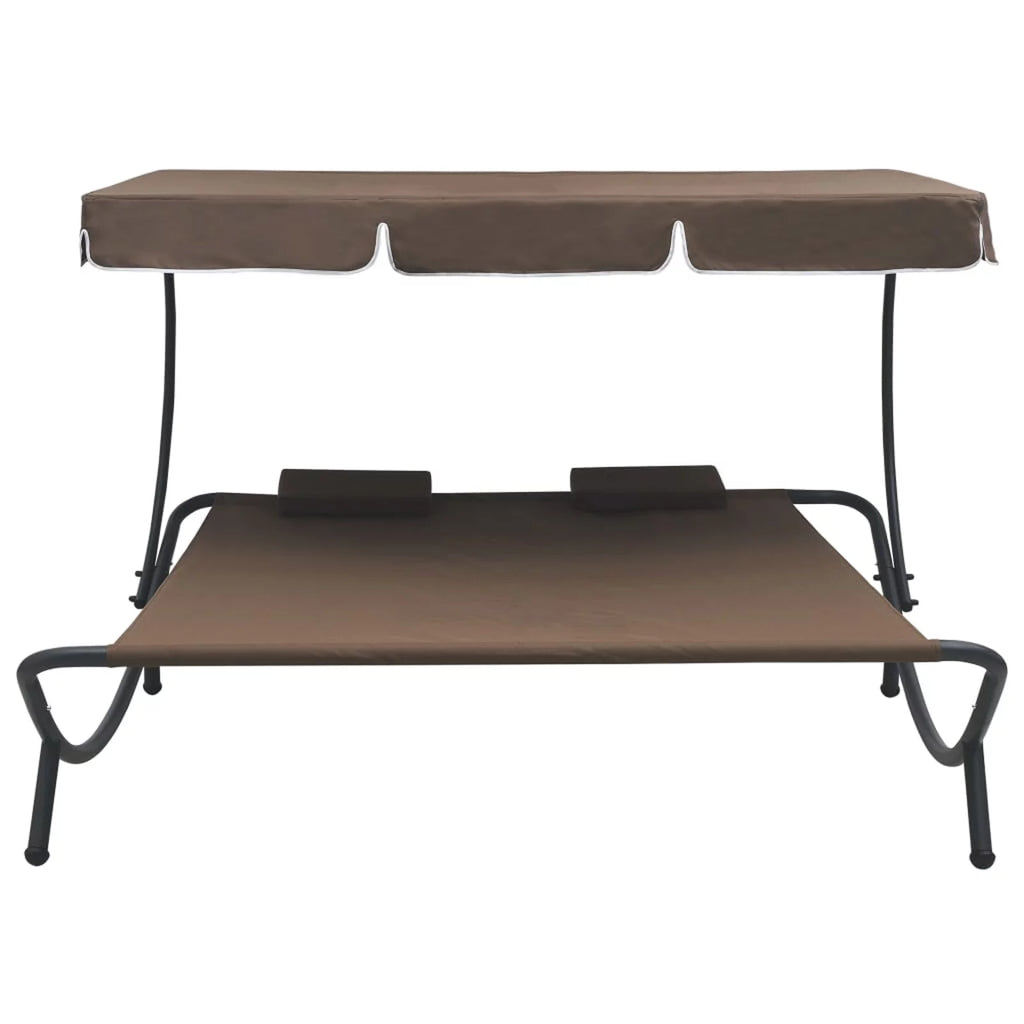 Brown Fabric Steel Outdoor Lounge Bed with Canopy and Pillows U23463