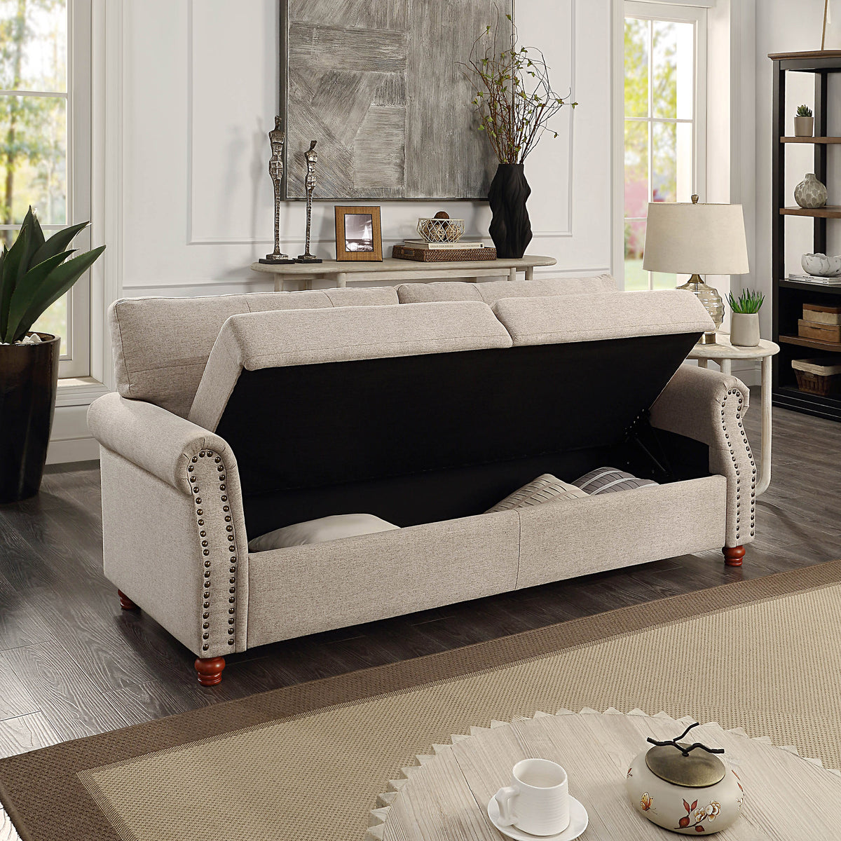 Beige Linen Fabric Upholstery Storage Sofa with Tufted Cushions V26763