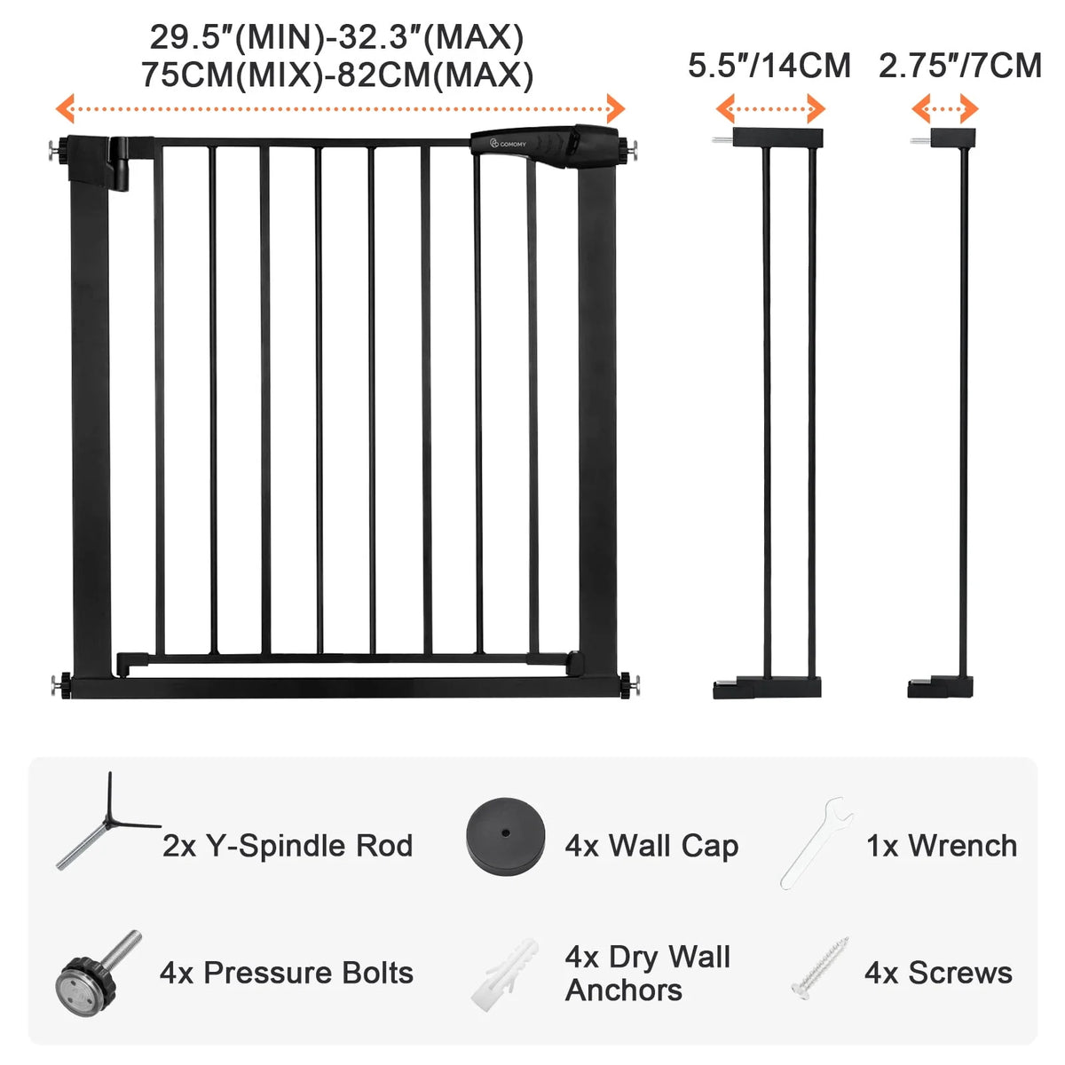 Baby Safety Gate, 29.5''- 40.5'' Wide Pressure Mount, Black K192430