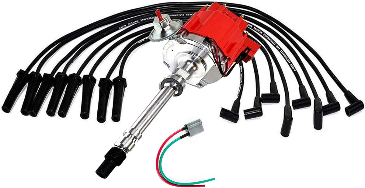 HEI Distributor Black Cap with Spark Plug Wires Set Pigtail Harness Complete Kit W48178