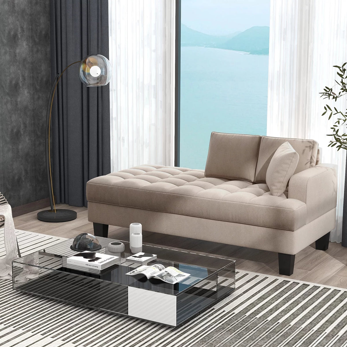 Warm Grey Tufted Chaise Lounge with Toss Pillow F465156